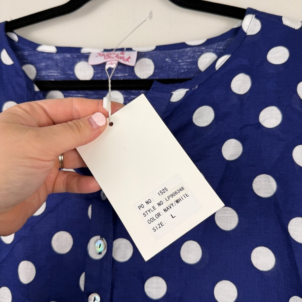Hester & Orchard Blouse Women's Large Navy White Polka Dot 3/4 Sleeve Pullover - Picture 5 of 15